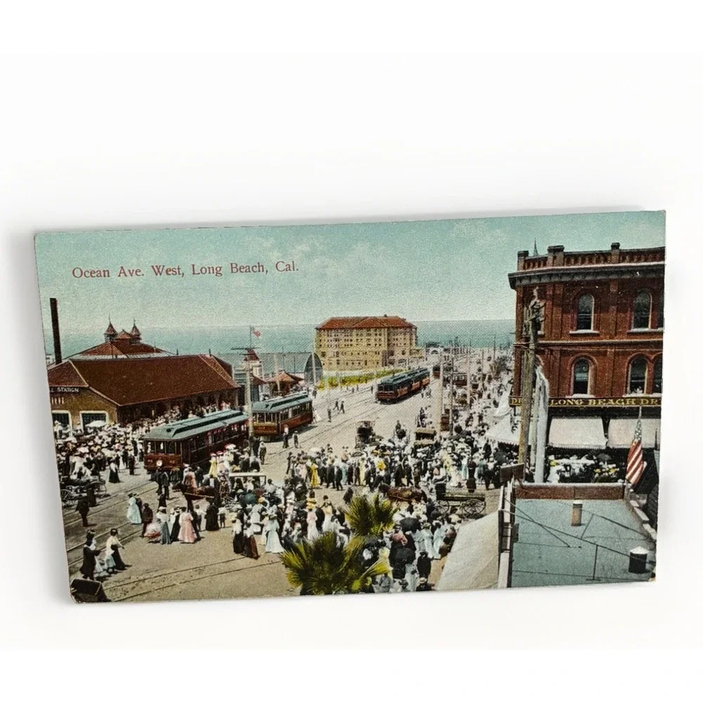 1900s Ocean Ave. West Trolleys Wagons Horses Stores Big Crowd Long Beach CA PC